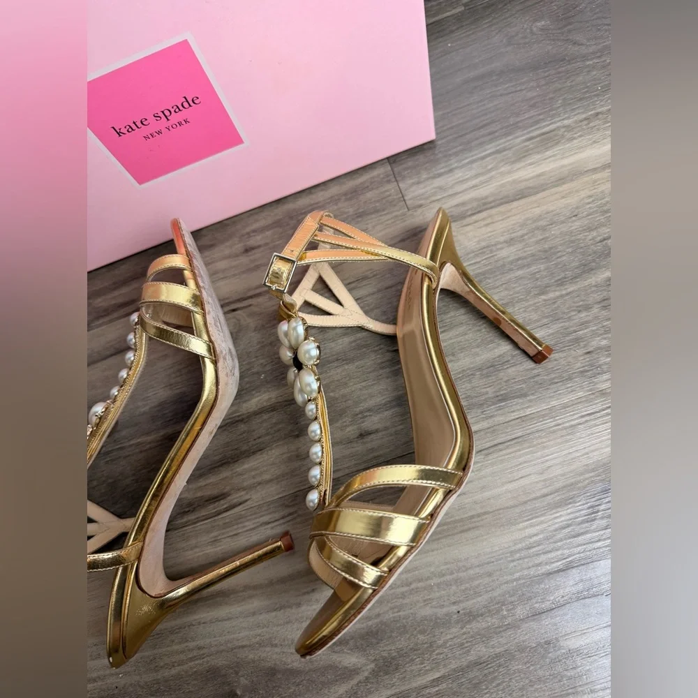 RARE Kate Spade Made In Italy Gold Pearl‎ Floral Heels 8.5B Stiletto